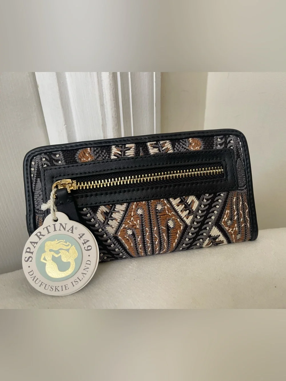 Spartina Black Embroidered Zip Wallet